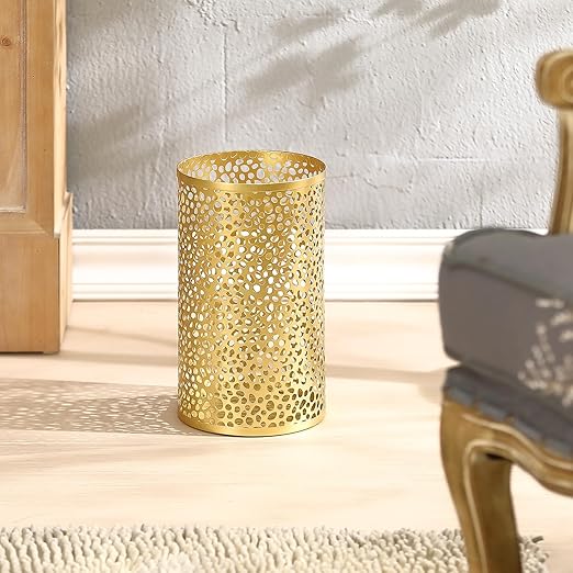 Metal Gold Trash Can, Modern Gold Garbage Can for Office, Cylindrical Metal Waste Basket for Bathroom Bedroom, 7" D x 12" H