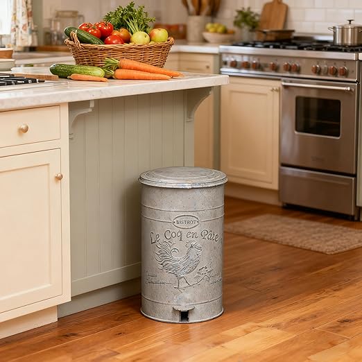 Farmhouse Metal Trash Can with Lid Retro Step Pedal Garbage Cans Vintage Round Step-On Waste Container with Removable Inner Bucket for Kitchen Bathroom Bedroom Toilet Office Garden Outdoor 15 Liter