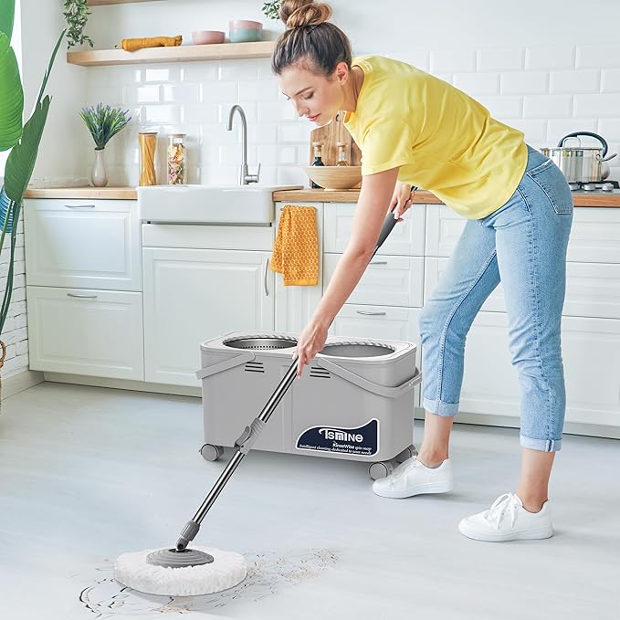 2025 Upgraded Mop Bucket Separate Dirty Water, Hands-Free Floor Cleaning System with 360° Wheels, Wet Dry Mop for Hardwood, Tile & Laminate Floors, 61" Handle & 6 Mop Heads - Grey