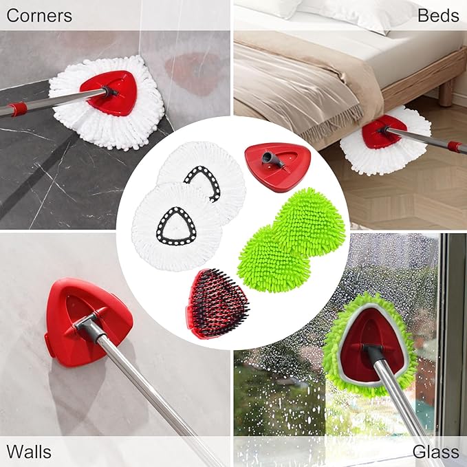 4PCS Mop Heads Replacements for OCedar, 1PCS Scrub Brush and 1PCS Spin Mop Base Compatible with Ocedar EasyWring 1 Tank System, Dry and Wet for Cleaning All Hard-surfaced Floors