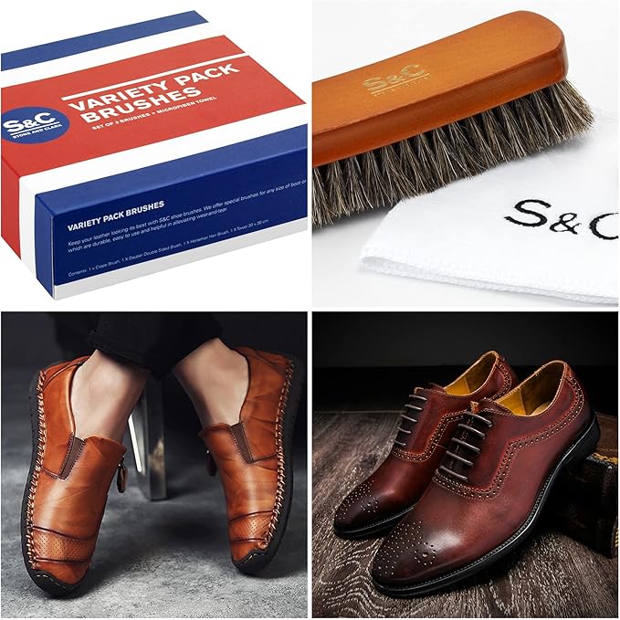 Variety Shoe Brush Kit - Double-Sided Shoe Polish Applicator & Horse Hair Brushes for Polishing - Nubuck & Suede Brush for Shoes, Soft Leather Cleaning with Microfiber Cloth