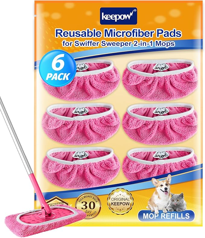 KEEPOW 6 Pack Reusable Mop Pads Compatible with Swiffer Sweeper, Coral Fleece Pink Washable Swiffer Mop Pads, Dry & Wet Sweeping Mopping Cloths (Pink, Not Included Mop)