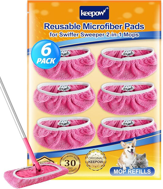 KEEPOW 6 Pack Reusable Mop Pads Compatible with Swiffer Sweeper, Coral Fleece Pink Washable Swiffer Mop Pads, Dry & Wet Sweeping Mopping Cloths (Pink, Not Included Mop)