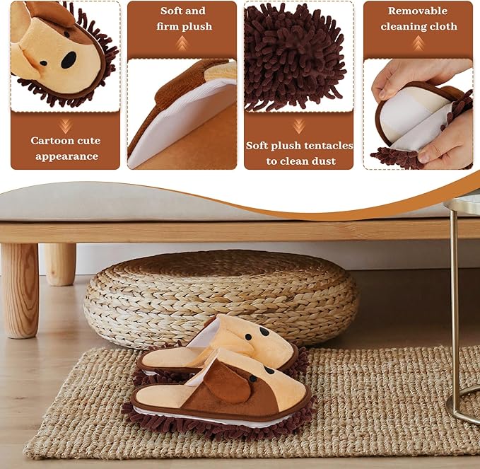 Liitrton Mop Slippers Cartoon Mop Shoes, Washable Microfiber Slippers for Floor Cleaning, Detachable Mopping Slippers for Women Home Floor Cleaning Tools (Brown, Women 4.5-6)