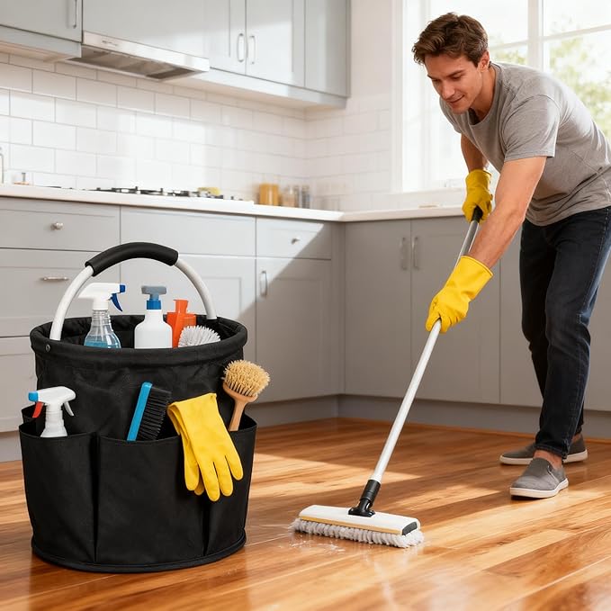 17L Foldable Cleaning Caddy with Handle - Portable Duty Tool Bag Cleaning Supply Organizer, Multi-Compartment Cleaning Bucket Storage Basket for Home Kitchen Bathroom (Black)