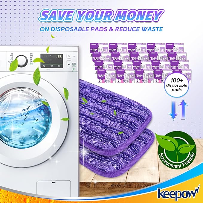 KEEPOW Reusable Power Mop Refill Pads for Swiffer Power Mop, Powermop Mopping Pad Refills for Wood Floor Cleaning, Machine Washable Microfiber Mop Pads for Wet and Dry Use, 2 Pack