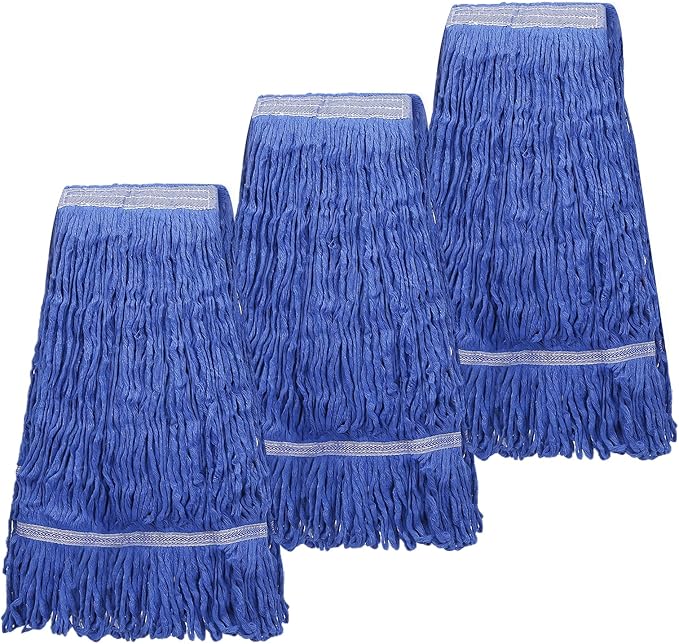 3 Pack Heavy Mop Replacement Head,Commercial Industrial Grade Blue Cotton Ring Heads,Cotton Looped End String Cleaning Mop Refills, Applied to Mop of Clamping Side-Loading Handles