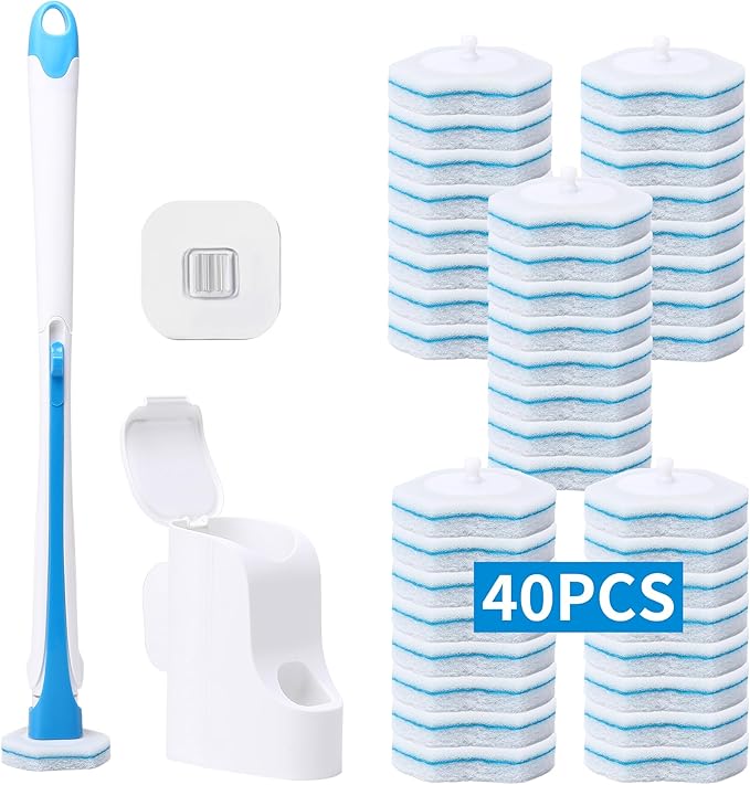 Disposable Toilet Brush with 40PCS Refills, Wall Mounted Compact Bathroom Bowl Wand Cleaning System Long Handle with Storage Caddy