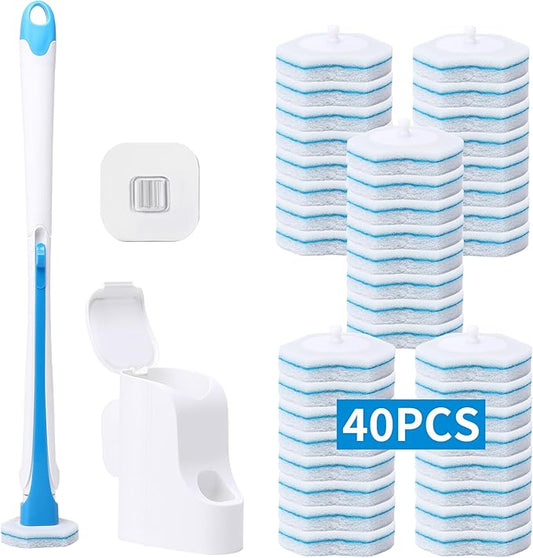 Disposable Toilet Brush with 40PCS Refills, Wall Mounted Compact Bathroom Bowl Wand Cleaning System Long Handle with Storage Caddy