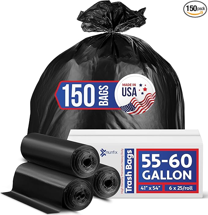 55-60 Gallon Trash Bags Heavy Duty - Bulk 150 Pack Large Garbage Bags - Big Black Commercial Trash Can Liners - Made In USA