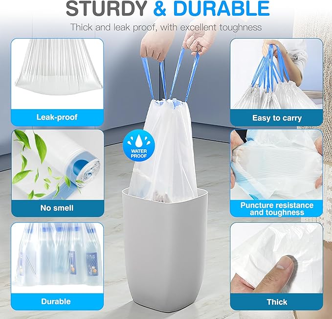 Charmount Small Trash Bags 4 Gallon, 200 Count Drawstring Mini Garbage Bags, Plastic Trash Can Liners for Bathroom Accessories, Bedroom, Dorm Room Essentials, Office