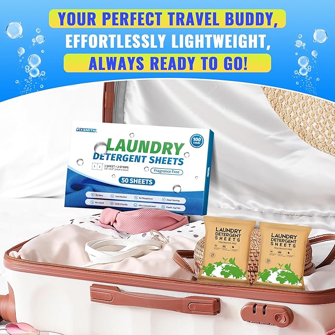 FIXSMITH Laundry Detergent Sheets - 100 Loads (50 Sheets) Fragrance Free - Hypoallergenic,Unscented,Eco Friendly Laundry Detergent Strips Concentrated Travel Detergent Sheets.Plastic-Free,Liquidless