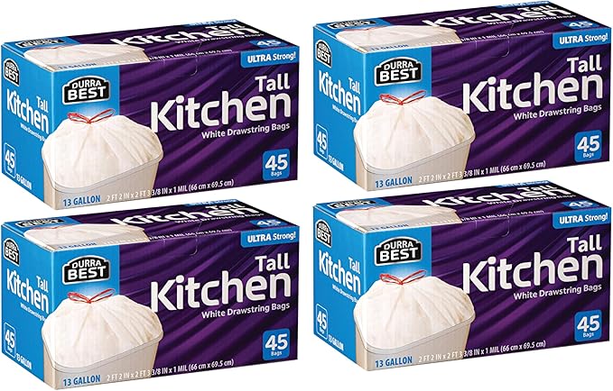 Heavy-Duty 1 Mil 13 Gallon White Trash Bags (180 Count) - Drawstring, Leak-Resistant for Home & Commercial Use