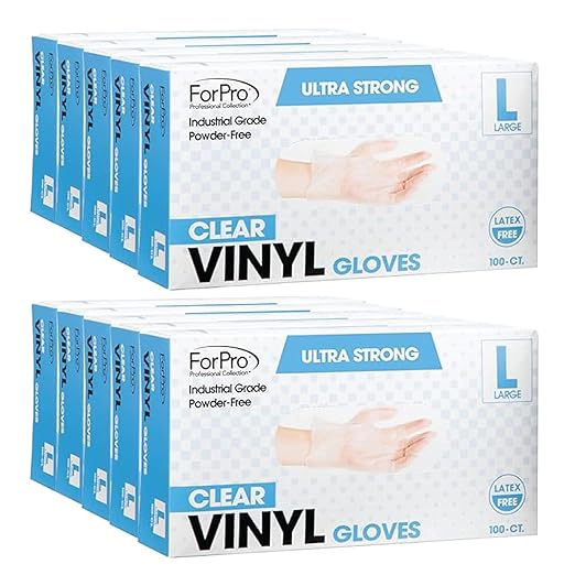 ForPro Disposable Vinyl Gloves, Clear, Industrial Grade, Powder-Free, Latex-Free, Non-Sterile, Food Safe, 2.75 Mil. Palm, 3.9 Mil. Fingers, Large, 100-Count (Pack of 10)