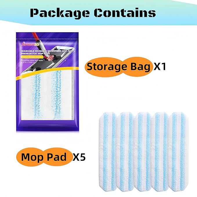 Microfiber Mop Pad Refills-5 Pack Washable Reusable Pads, Fits H2PRO Flat Mop