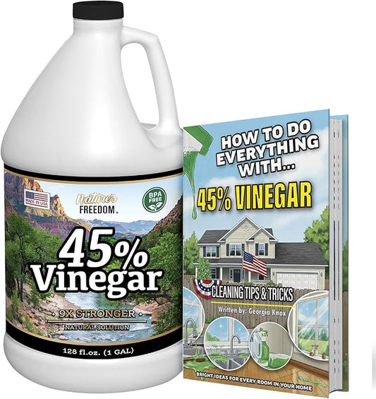 Nature's Freedom 45% Concentrated Vinegar, 1 Gallon with “How to Use Vinegar” Cleaning Book – Industrial Strength Multi-Purpose Cleaner