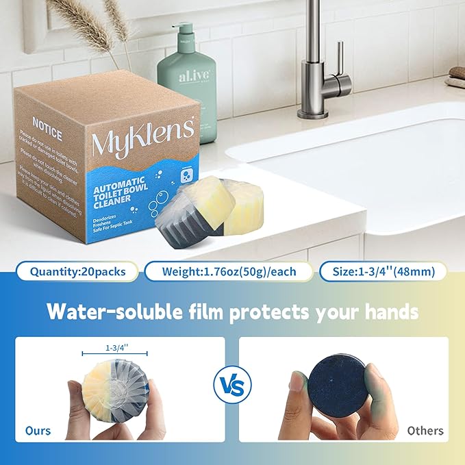 Toilet Bowl Cleaner Tablets, Automatic Toilet Bowl Cleaners, Long-Lasting Toilet Tabs Drop in Tank for Deodorizing & Descaling, Blue & Yellow, 20 Packs