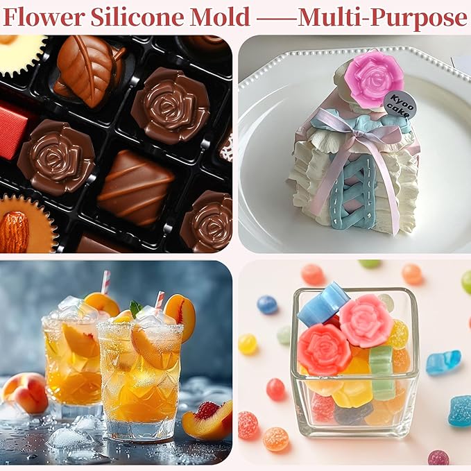 2 Pcs Rose Mold Silicone, 15 Cavity Flower Silicone Molds, Non Stick Rose Ice Cube Mold for Candy, Chocolate, Soap, Cupcake Decoration, Jelly, Dishwasher Safe, Pink + Gray