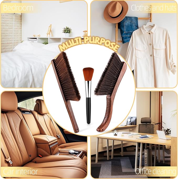 3 Pcs Wooden Hand Broom Set Counter Duster Dusting Bench Brushes Long Soft Bristles Handle Detail Brushes for Fireplace Car Home Bed Sofa Clothes Workshop Woodworking Hearth Rug Cleaning(3 Pcs A)