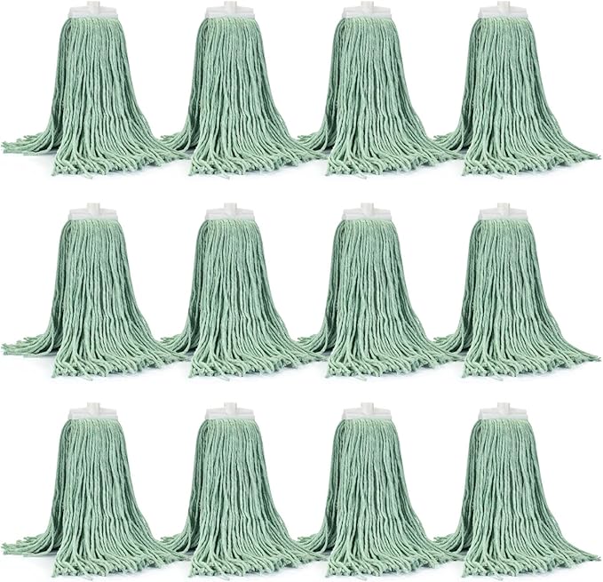 Matthew Cleaning Screw-on Heavy Duty Cotton Wet Mop Replacement Heads(Green, Large,12 Pack) with 2 Pack Microfiber Cloth for Residential & Commercial Floor Cleaning Use- Fit Standard American Screw