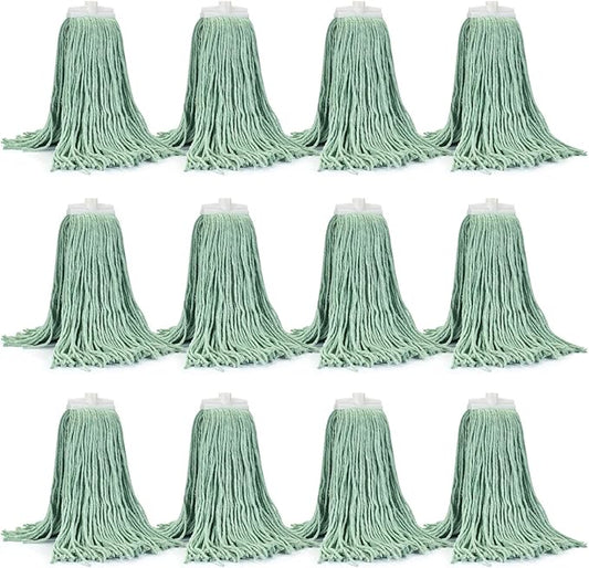 Matthew Cleaning Screw-on Heavy Duty Cotton Wet Mop Replacement Heads(Green, Large,12 Pack) with 2 Pack Microfiber Cloth for Residential & Commercial Floor Cleaning Use- Fit Standard American Screw