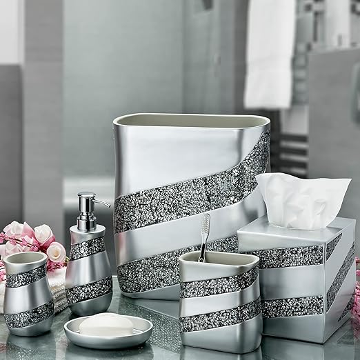 Creative Scents Silver Mosaic Bathroom Trash Can 2.11 Gal / 8L - Decorative Waste Basket for Bathroom - Durable Slim Small Garbage Can for Bathroom, Powder Room, Bedroom or Living Room Decor
