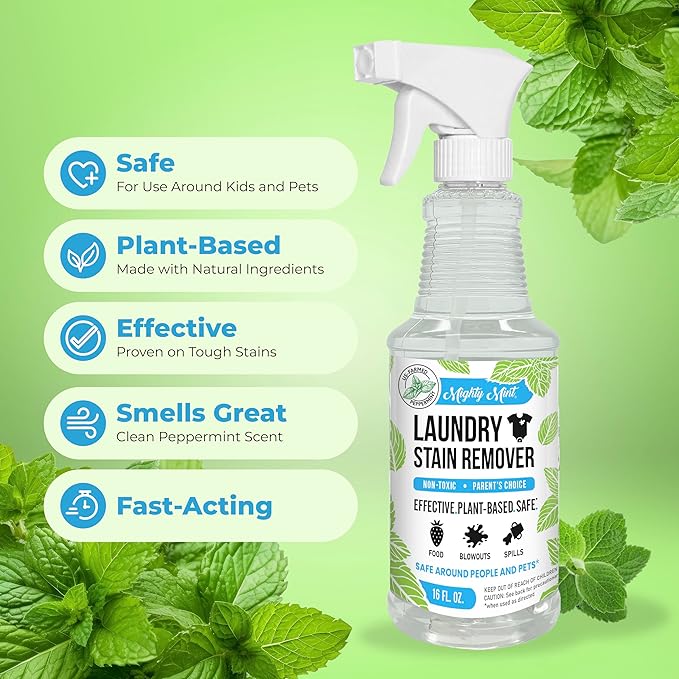 Mighty Mint Laundry Stain Remover, Parent’s Choice Spray for Stains from Food, Drink, Grease, Natural Peppermint Scent, 16oz