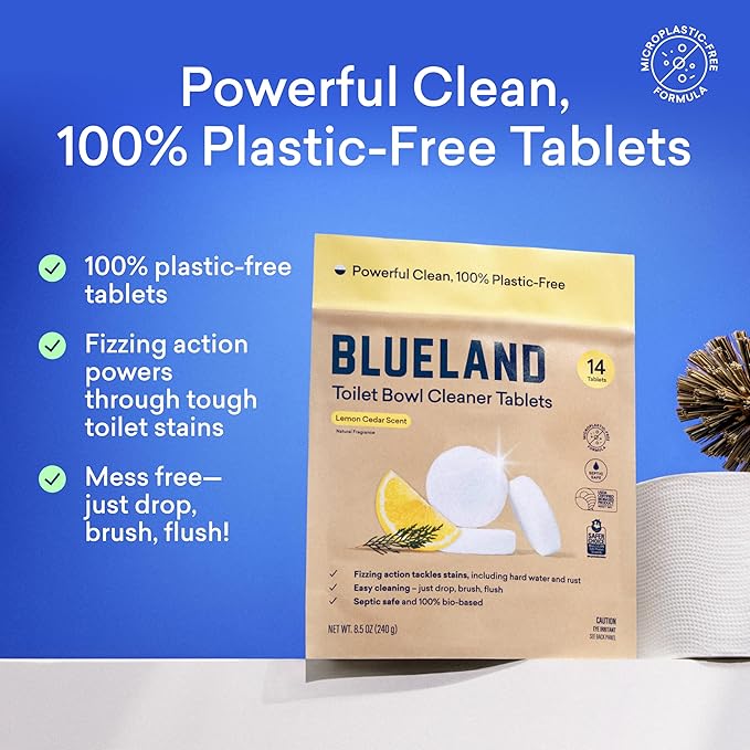 BLUELAND Toilet Bowl Cleaner Tablets, 2-Pack, 28 Count, Lemon Cedar, Plastic-Free, No Harsh Chemicals, Plant-Based