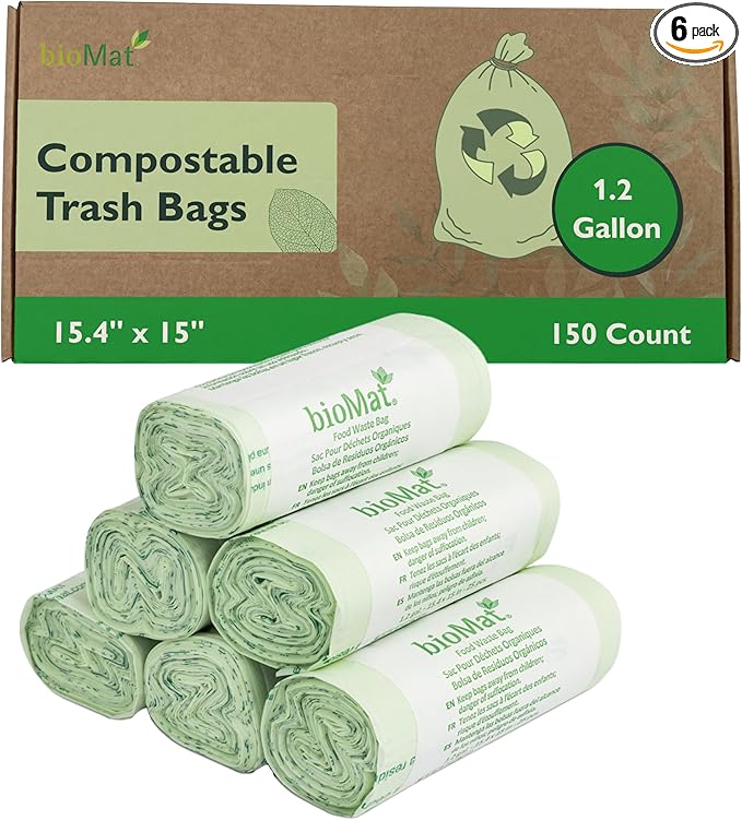 bioMat 1.2 Gallon Compostable Bags, 150 Count, Countertop Bin Liners, BPI ASTM D6400 and CMA Certified Small Trash Bags