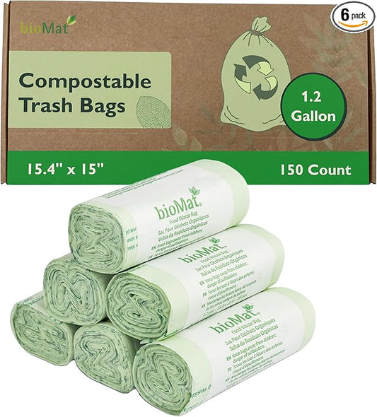 bioMat 1.2 Gallon Compostable Bags, 150 Count, Countertop Bin Liners, BPI ASTM D6400 and CMA Certified Small Trash Bags