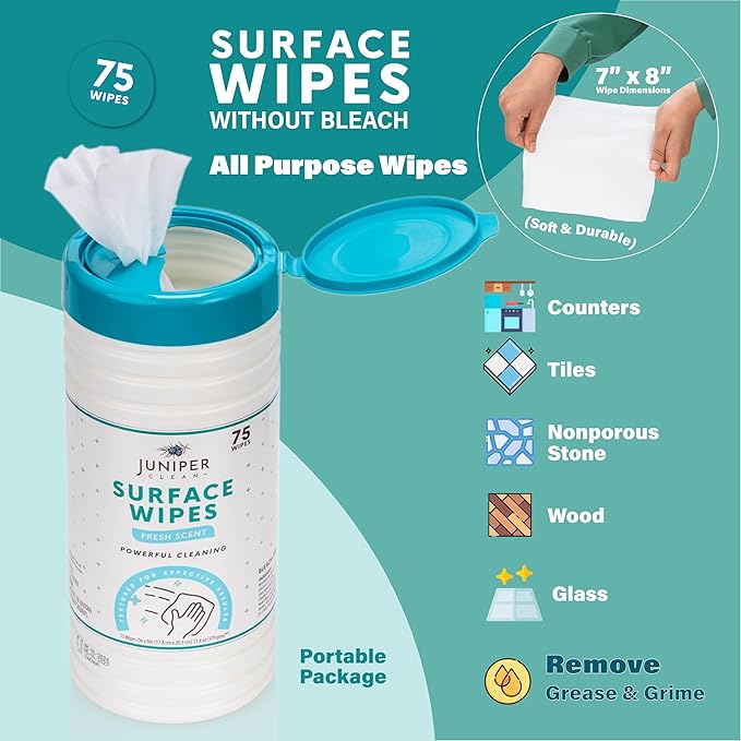 4 Pack Surface Cleaning Wipes Bleach Free, All-Purpose Cleaner for Bathroom, Kitchen, Office, 300 Count Canister, 7.5" x 7" Sheet, Fresh Scent, Lint Free & Durable