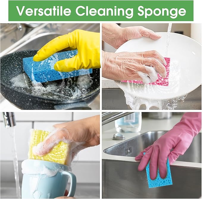 12 PCS Dish Sponges Kitchen, Non Scratch Cleaning Sponge for Non Stick Cookware, Natural Compressed Cellulose Wash Scrub for Household Bathroom, Soft Washing Scrubbers (Multicolor)
