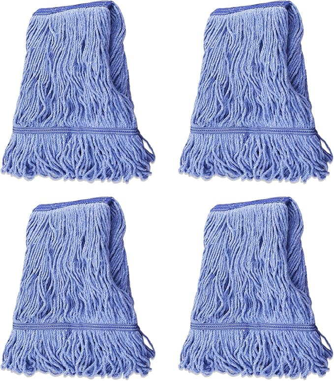 Mop Head Replacement for Heavy Duty Commercial Mops for Floor Cleaning, Wet Industrial Blue Cotton Looped End String Head Refill (Pack of 4)