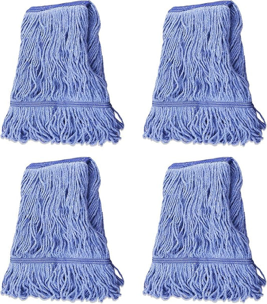 Mop Head Replacement for Heavy Duty Commercial Mops for Floor Cleaning, Wet Industrial Blue Cotton Looped End String Head Refill (Pack of 4)