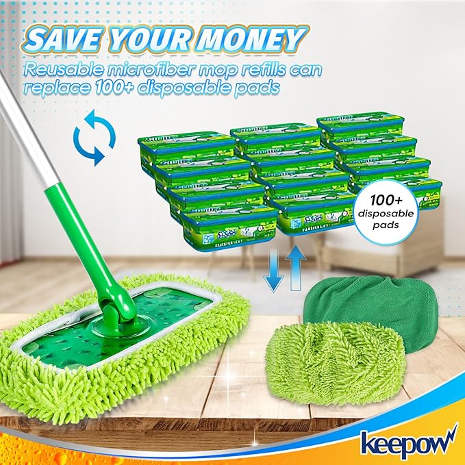 KEEPOW Reusable Microfiber Mop Pads Compatible with Swiffer Sweeper, 4 Pack Dry Sweeping Cloths & Wet Mopping Cloths, Washable Wet Pads Refill for Mopping Floors