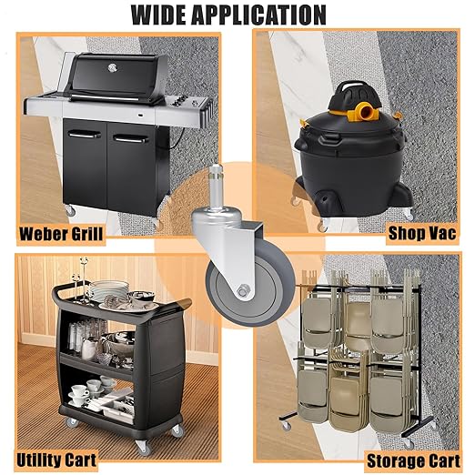 4-Inch Swivel Stem Caster, 7/16-Inch Stem Diameter Rubber Wheel, Heavy Duty TPR Replacement Wheels for Rubbermaid Mop Bucket Cart Grill Casters - 4 Pack (2 Brakes 2 Swivel)