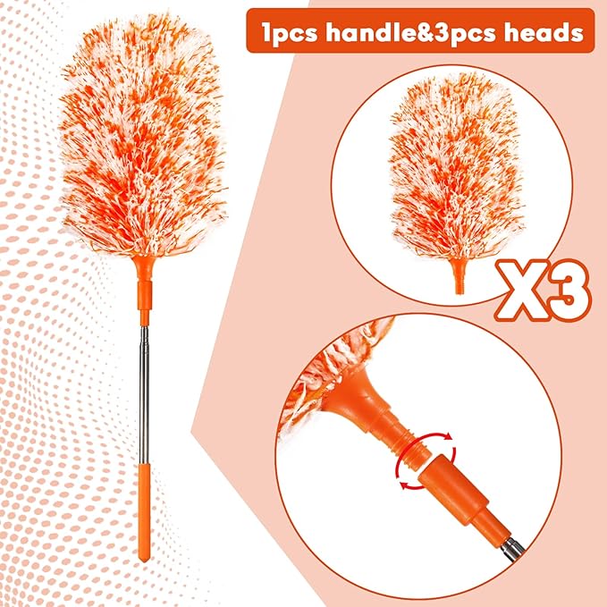 Extendable 20-49inches Microfiber Feather Duster with 3pcs Replaceable Bendable Heads, Extra Long Duster for Cleaning, Electrostatic Dust Remove for Ceiling, Fan, Window, Bookshelves(Orange)