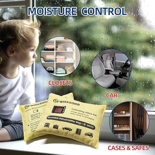 Rechargeable Gun Safe Dehumidifier, 4 Packs 8U Indicating Desiccant Packs with Transparent Window for Storage Reusable Silica Gel Packets Moisture Absorbers Safe Dehumidifier