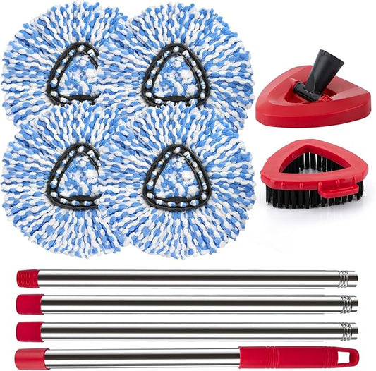 Spin Mop Head Replacement Base Handle Compatible with O Cedar Rinse Clean 2-Tank System, 4 Replace Heads, 1 Mop Handle, 1 Base and 1 Scrub Brush Combo Set