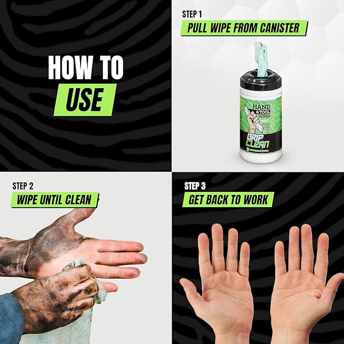 Grip Clean Heavy Duty Hand & Tool Cleaning Wipes – Waterless Hand Cleaner for Mechanics, Garage & Shop Use – Dual-Sided Grease, Oil & Paint Remover Wipes with Citrus Scent - 30ct