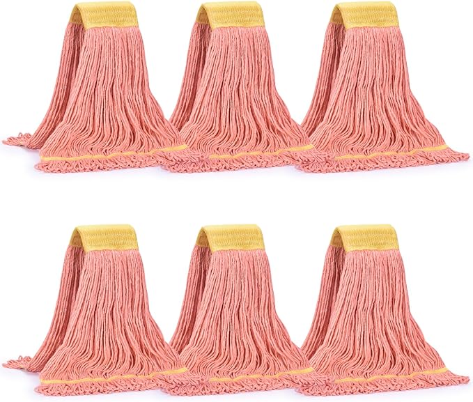Matthew Cleaning Commercial Mop Head Replacement, 5 Inch Wide Headband, Looped End Cotton Blend String Wet Mops for Floor Cleaning, 18 oz Medium, 6-Pack Orange