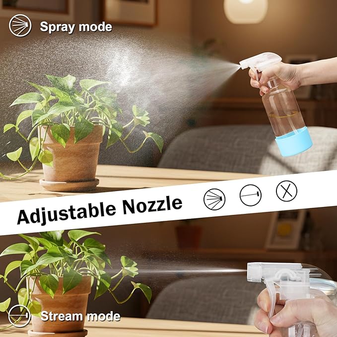 Glass Spray Bottles with Silicone Sleeve 16.9oz 2 Pack Empty Spray Bottle for Hair Mist/Stream Spraying for Cleaning Solutions, Plants, Essential Oils (clear-qblue&white)