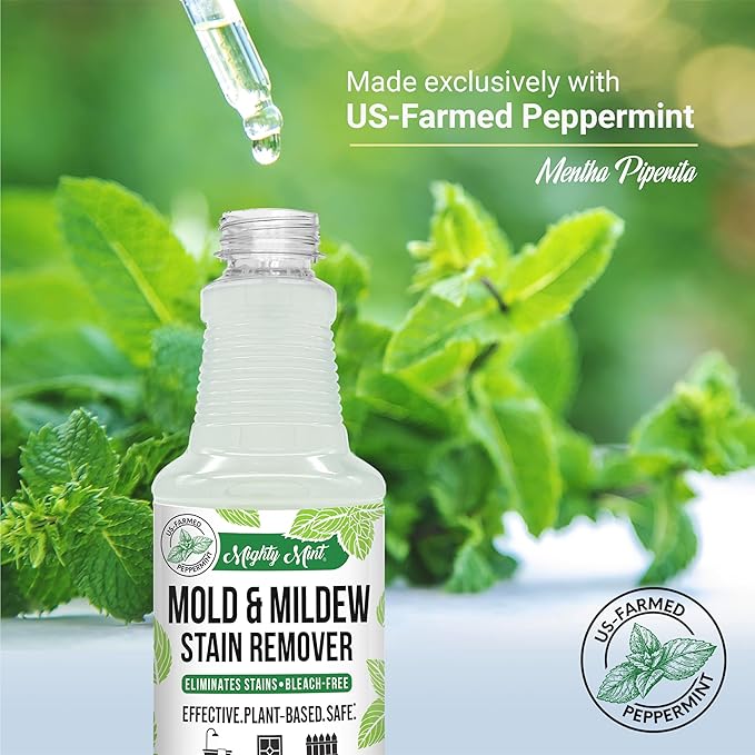 Mighty Mint Mold & Mildew Stain Remover Spray, Rapid Clean for Bathroom, Kitchen, Hard Water, Outdoors, Natural Peppermint Scent, 16oz