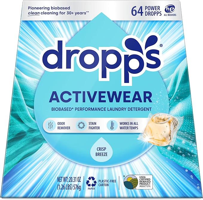 Dropps Activewear Biobased Power Laundry Detergent Pods, Crisp Breeze (64 Count) - Laundry Pods Fights Tough Stains & Odors, Sweat & Dirt - HE Compatible Laundry Supplies for Clean Clothes