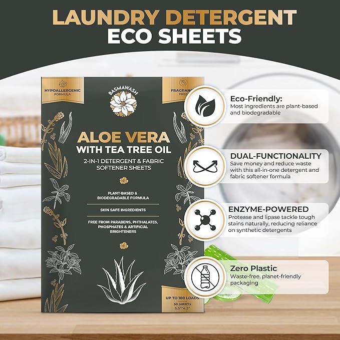Natural Laundry Detergent & Fabric Softener Sheets | Fragrance-Free & Hypoallergenic | Aloe Vera & Pure Tea Tree Oil | Plant-Based, Biodegradable, Enzyme Powered, Baby-Safe, Eco-Friendly (50 Sheets)