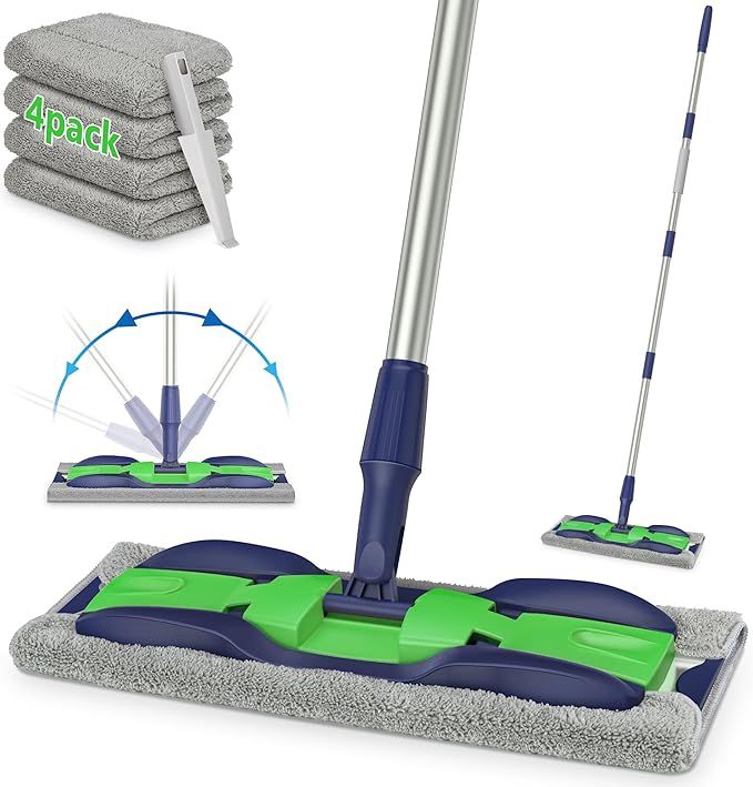 MEXERRIS Microfiber Mops for Hardwood Laminate Tile Floor Cleaning: Stainless Steel Handle - 4 Reusable Flat Mop Refills and 1 Dirt Removal Scrubber Included - Dry Dust Mop Commercial Home Use