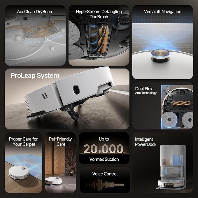 DREAME X50 Ultra Complete Robot Vacuum and Mop with Auto-Empty and Mop Self-Cleaning, 20,000Pa Suction, Obstacle Avoidance and 360° Navigation, Corner to Edge Deep Cleaning, Detangling Brush (White)