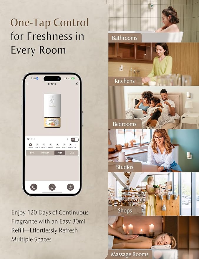 SF101S Smart Wi-Fi Waterless Ultrasonic Essential Oil Diffuser–100% Plant-Based,120-Day Natural Air Freshener & Aromatherapy scent Diffuser Covers 100㎡ for Home,Hotel-Provençal Breeze
