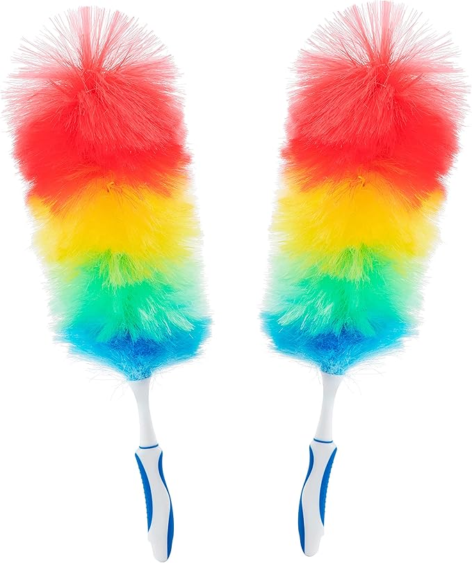 Superio Rainbow Feather Duster for Cleaning, 2 Pack Plastic Dust Remover with Grip Handle, Great for Homes, Ceilings, Fans, and Furniture