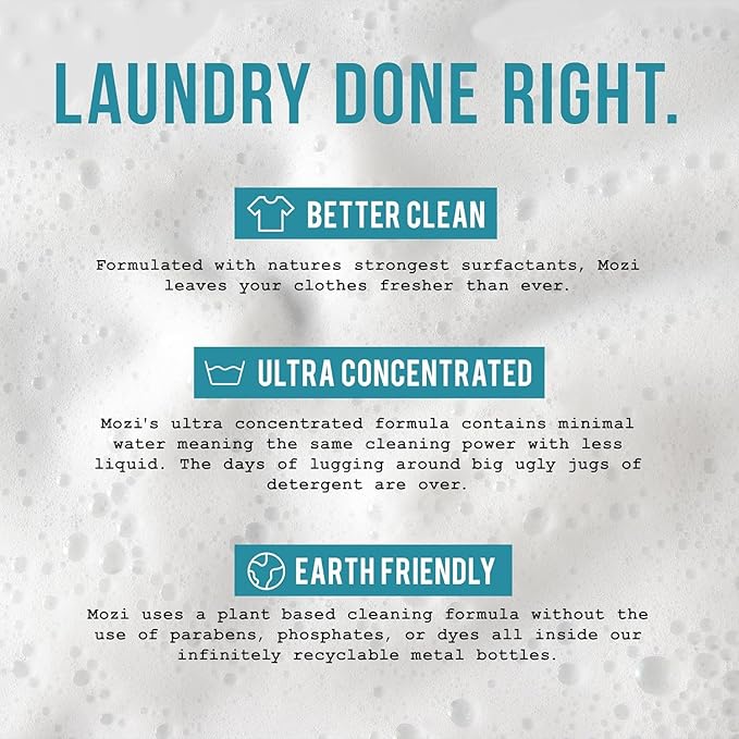 Mozi Wash Laundry Detergent Liquid, Unscented, 50+ Loads, Concentrated, Non toxic, Plant Based Enzyme Cleaner, Phosphate & Paraben Free, Long Lasting Luxury Clean, Scent Free, 32 oz Recyclable Bottle